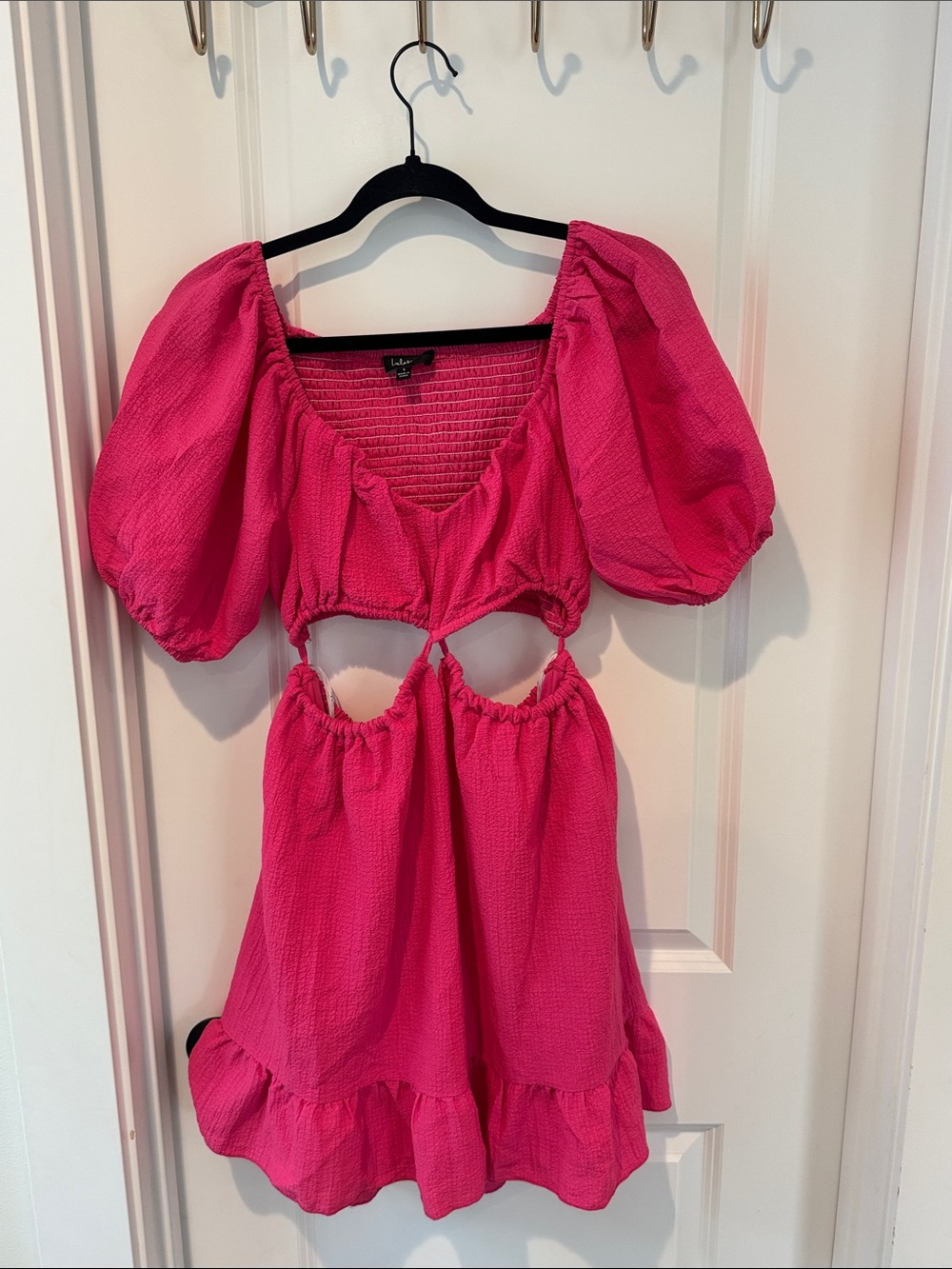 Lulu's Hot Pink Puff-Sleeve Cutout Mini Dress
